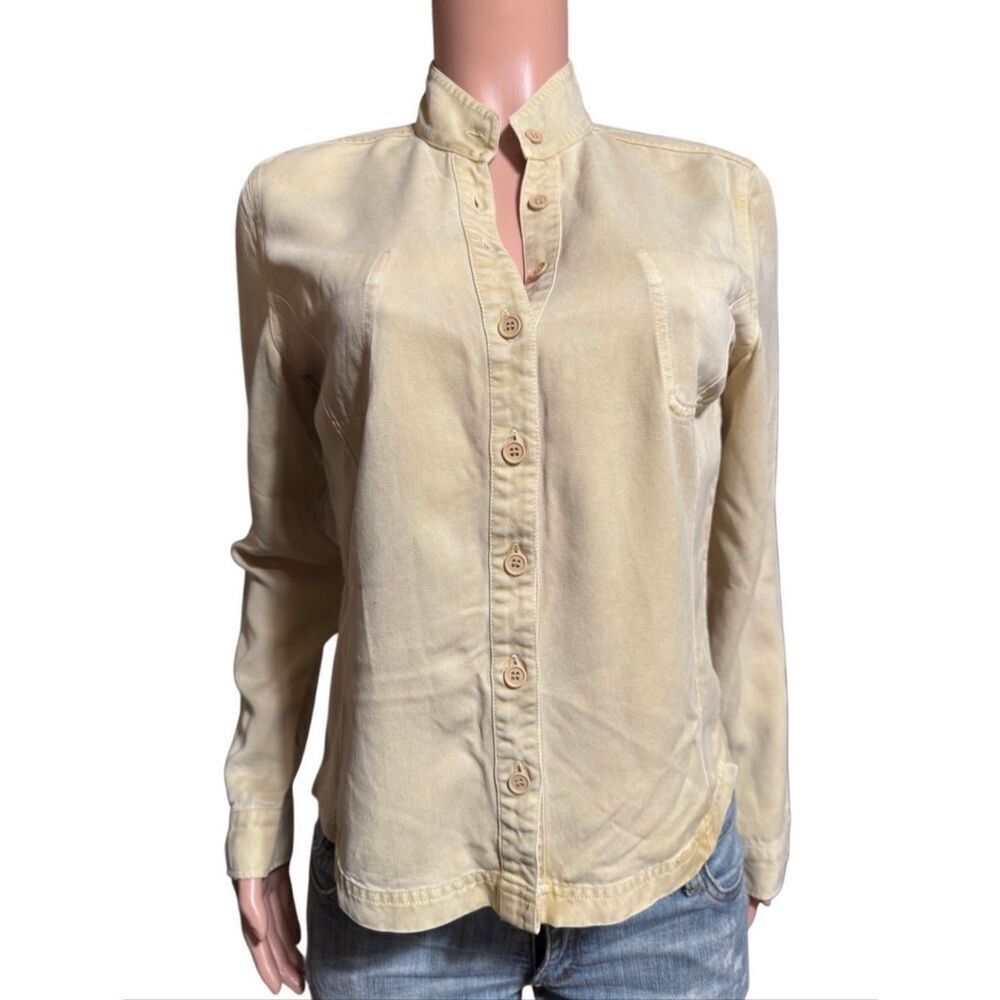 Pulp women's Mandarin collar tencel tan long sleeve button-up shirt M